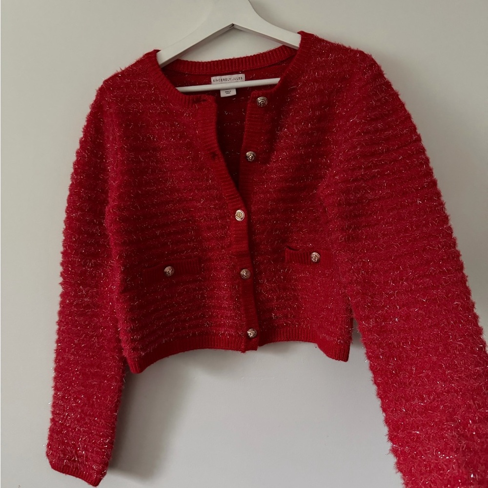 Sincerely Jules Vibrant Red Cardigan with Metallic Accents